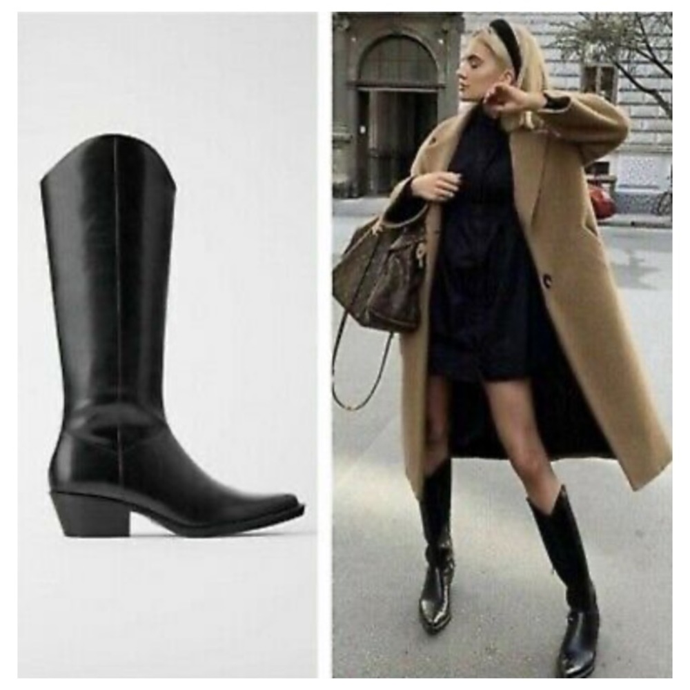 NWT ZARA Heeled Leather Covboy Boots